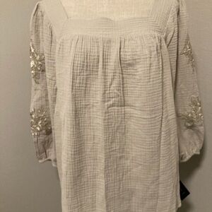 JM Collection Cream Blouse with Embroidered Sleeves